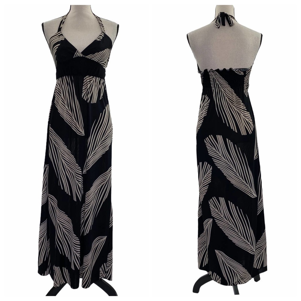 SHEN Jie Black Feather Printed Halter Maxi Dress